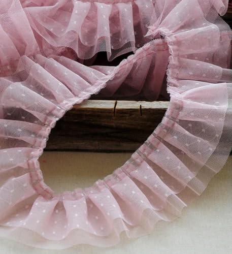 Rüschenband Spitze nähen, 2 Meter Stickerei weiß rosa 2 Schichten Blume Tüll Spitze Stoff Trim Band DIY Nähen Rüschen Applikation Kragen Kleid Dekor(Dark Pink) von FOELANNE