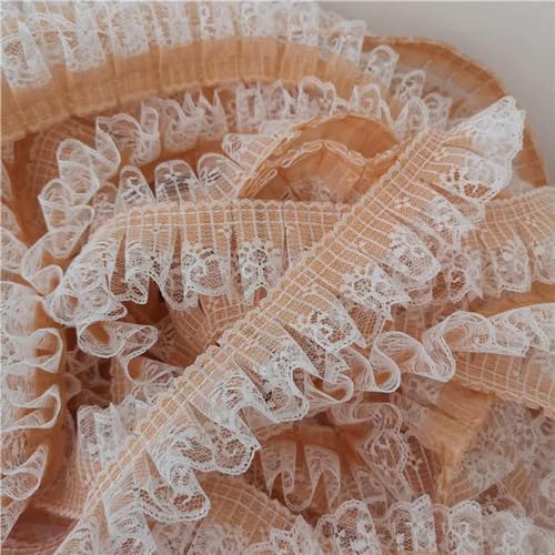 Rüschenband Spitze nähen, 4 cm breite Doppelschichten Spitze 3D Plissee Chiffon Stoff Stickerei Band Kleid Stoff Kragen Rüschenbesatz DIY Bekleidung Nähen Dekor(Orange) von FOELANNE