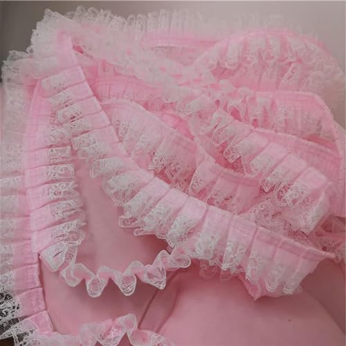 Rüschenband Spitze nähen, 4 cm breite Doppelschichten Spitze 3D Plissee Chiffon Stoff Stickerei Band Kleid Stoff Kragen Rüschenbesatz DIY Bekleidung Nähen Dekor(Pink) von FOELANNE