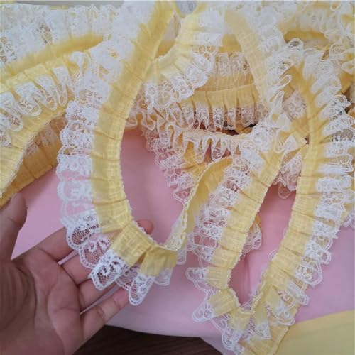 Rüschenband Spitze nähen, 4 cm breite Doppelschichten Spitze 3D Plissee Chiffon Stoff Stickerei Band Kleid Stoff Kragen Rüschenbesatz DIY Bekleidung Nähen Dekor(Yellow) von FOELANNE