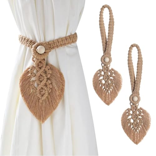 FOGARI 2 Stück Vorhang Raffhalter,Boho Vorhang Halter Blätter Baumwolle Gardinenhalter,Gardine Holdbacks Beige Baumwollseil Tiebacks Vorhang Clips Feder Gardinenklammern für Vorhänge Gardinen Deko von FOGARI