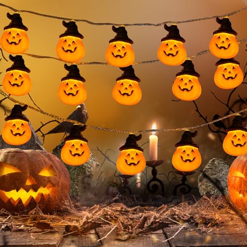 Kürbis Lichterkette Halloween 3m 20 LED Deko Kürbis für Innen und Außen, Batteriebetrieben, Kürbis Deko mit Hut, Halloween Lichterkette für Garten, Fenster, Party von FOGARI