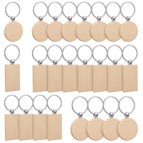 FOGAWA 24 Stück Schlüsselanhänger Holz Blanko DIY Holz Schlüsselanhänger Rund/Rechteck Wooden Keychain Schlüsselbund Rohlinge für DIY, Malerei, Basteln Dekoration Geschenke (Kreis + Rechteck) von FOGAWA