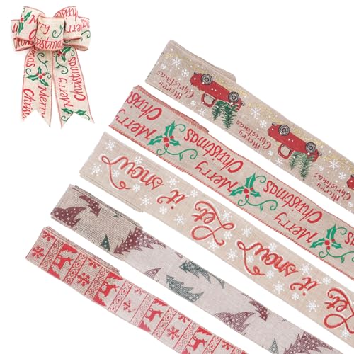 FOGAWA 5 Rollen Weihnachtsband Juteband Rolle Weihnachten Drahtband Sackleinen Band Weihnachtsbaum Band Weihnachtsband Bastelband für Geschenkverpackungen Kranz Schleifen DIY Handwerk von FOGAWA