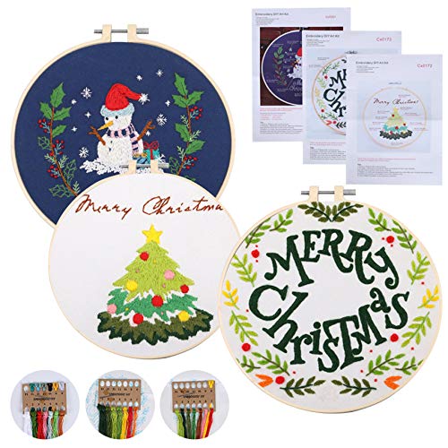 FOGAWA Stickerei Set Stickerei Starter Kit mit 3 Mustern und Anleitungen Embroidery Starter Kit mit 1 Stickrahmen, Farbfäden, 6 Nadel für Anfänger Weihnachten DIY Kunst, Christmas Handwerk von FOGAWA