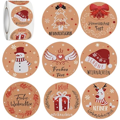 Aufkleber Weihnachten Rund 500 Stück Geschenkaufkleber Frohe Weihnachten Kraftpapier Weihnachtsaufkleber auf Rolle Weihnachtssticker Selbstklebende Etiketten Für Party Geschenkverpackungen(Stil 2) von FOJIIUOK