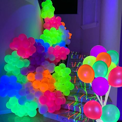 FOLANDO UV Neon Luftballons, 100 PCS 12 Zoll Fluoreszierende Luftballons Schwarzlicht Deko bunt UV LatexBallons leuchtet unter UV Licht, für Glow Party Schwarzlicht Party UV Party Deko von FOLANDO