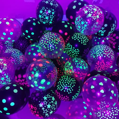 FOLANDO UV Neon Luftballons, 50 PCS 12 Zoll Fluoreszierende Luftballons mit Muster, Schwarzlicht UV Ballons LatexBallons leuchtet unter UV Licht, Glow Party Deko Schwarzlicht Party Ballon Deko von FOLANDO