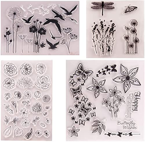 Silikonstempel Blumen und Blätter Set 4 Stück Clear Stamps Vögel,Löwenzahn,Libelle,Schmetterling,Clear Stamp Set für DIY Bullet Journal Scrapbooking Fotoalbum Geburtstag Stempelset von FOLANVOFF