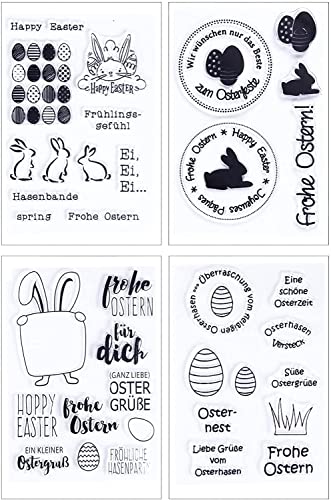 Silikonstempel Ostern Deutsch Set, 4 Blätter Clear Stamp Ostern Clear Stempel OsterHasen Ostereier Silikonstempel Frühling für DIY Bullet Journal Scrapbooking Fotoalbum Deutsch Stempelset Ostern von FOLANVOFF