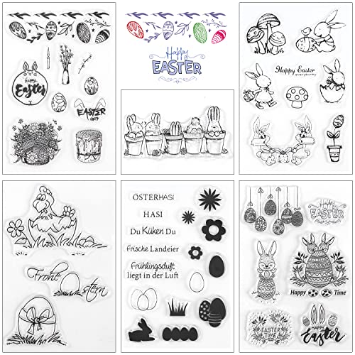 Silikonstempel Ostern Set, 6 Blätter Clear Stamp Ostern, Silikon Stempel OsterHasen Ostereier Silikonstempel Frühling Clear Stempel Set für DIY Bullet Journal Scrapbooking Fotoalbum von FOLANVOFF