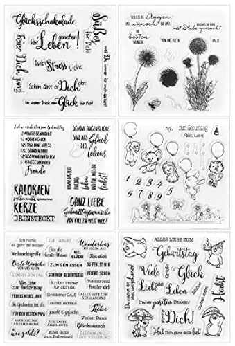 Silikonstempel Sprüche Deutsch Set,6 Blätter Geburtstag Stempel,Clear Stamps Glückwünsche,Blumen Clearstamp Set für DIY Bullet Journal Scrapbooking Geburtstag Stempelset von FOLANVOFF