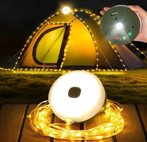 FOMYHEARD 10M Camping Lichterkette Aufrollbar, 3 in 1 Outdoor Lichterkette mit 9 Beleuchtungsmodi, Tragbare Wasserdicht LED Lichterkette Außen, USB Aufladbar Campinglampe für Camping, Hof und Wandern von FOMYHEARD