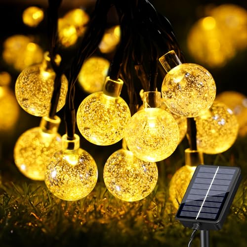 FOMYHEARD Solar Lichterkette Aussen, 11M 60 LED 8 Modi Lichterkette Außen Solar Kristall Kugeln, IP65 Wasserdicht Solarlichterkette Außen Wetterfest für Hochzeit, Party, Garten, Balkon Deko, Warmweiß von FOMYHEARD