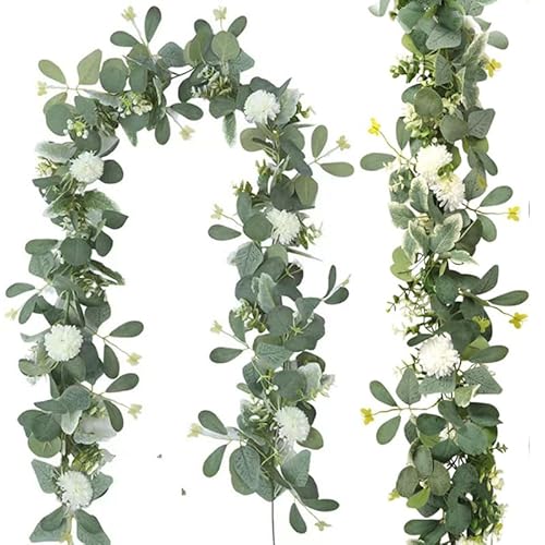 2 Stück Künstliche Eukalyptus Girlande, Pflanzen Deko Schleierkraut Girlande, Künstlich Hängepflanzen mit Blume Blätter, Künstlich Ranken Deko Blumengirlande, Kunstpflanze für Hochzeit Wand Garten (B) von FONDUO