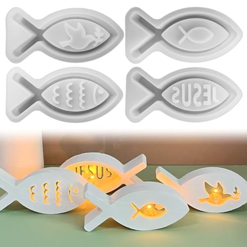 4 Stück Silikonformen Gießformen Kerzenhalter Frühling, Gießformen Silikon Fisch mit Friedenssymbol, Silikonform Teelichthalter, Silikon Gießform Ostern, Gipsformen zum Gießen für Frühling Dekoration von FONDUO