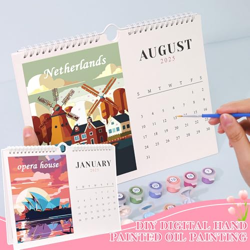 DIY Wandkalender 2025, Malen Nach Zahlen Kalender 12 Nation Landschaft, Kalender 2025 Selbst Gestalten mit Pinsels Und Acrylfarbe, DIY Bastelkalender Geschenke Wanddekoration (Nation) von FONDUO