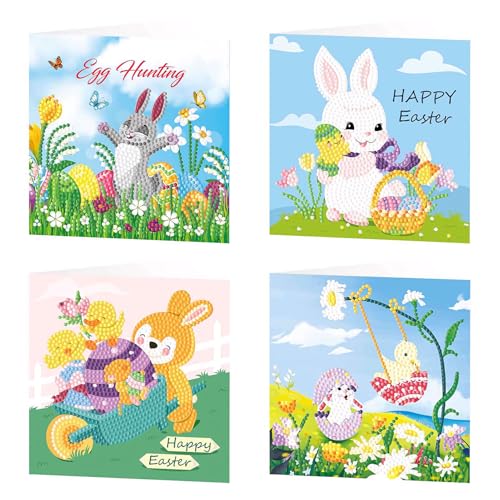 FONDUO 4 Stück DIY Diamond Painting Karte Ostern Diamond Painting Grußkarten Osterhase Osterdeko Diamond Painting Geburtstagskarten Ostern Basteln Geschenk Osterkarten für Erwachsene Kinder (A) von FONDUO