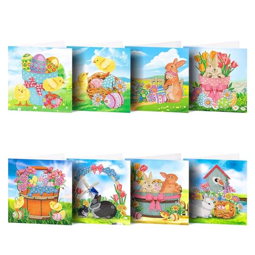 FONDUO 8 Stück DIY Diamond Painting Karte Ostern Diamond Painting Grußkarten Osterhase Osterdeko Diamond Painting Geburtstagskarten Ostern Basteln Geschenk Osterkarten für Erwachsene Kinder (C) von FONDUO