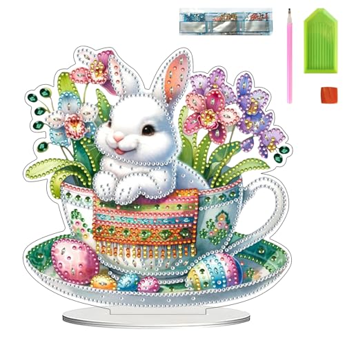 FONDUO Diamond Painting Basteln Ostern Deko, Doppelseitig Diamant Painting mit Sockel, Tischdeko Diamant Malerei Ornamente, 5D Osterhase Diamond Painting für Ostern Frühling Tisch Heimdekoration (C) von FONDUO