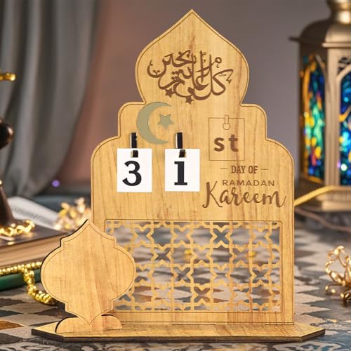 Ramadan Deko Kalender, Eid Mubarak Adventskalender 2025, Ramadan Tischdekoration Holz, Ramadankalender Ornamente, Muslimische Deko Countdown Kalender für Zuhause Basteln (B) von FONDUO