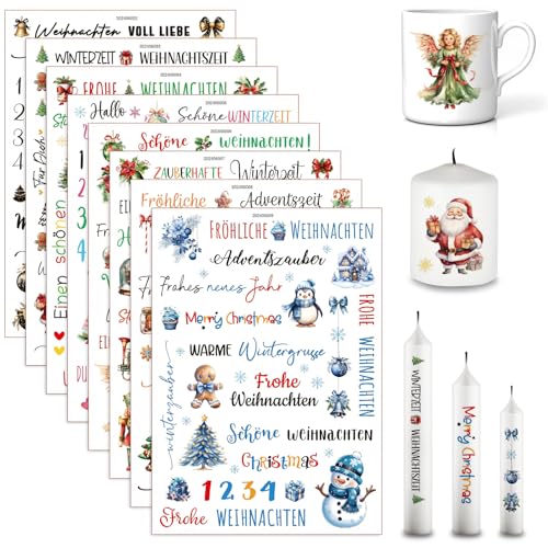 Weihnachten Kerzentattoo Aufkleber Kerzen Tattoo Sticker Set 8 Blätter Kerzenfolie Kerzenaufkleber Wassertransferdruck Wasserschiebefolie für Party Geschenk Kerzen Dekorieren (B x 8 Blätter) von FONDUO