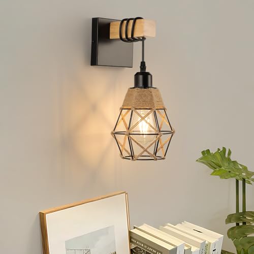 FORCOSO Wandleuchte Innen, Vintage Wandlampe Holz Metall Juteseil, E27 Wandbeleuchtung Schwarz Braun Wand Lampe, Retro Industrial Wall Light Fixtures Indoor Wohnzimmer Schlafzimmer Flur Treppenhaus von FORCOSO