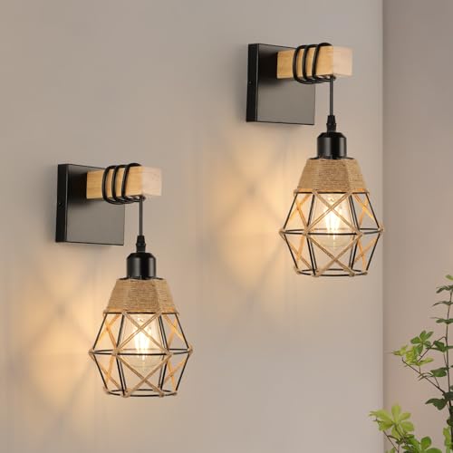 FORCOSO Wandleuchte Innen 2er, Vintage Wandlampe Holz Metall Juteseil, E27 Wandbeleuchtung Schwarz Braun Wand Lampe,Retro Industrial Wall Light Fixtures Indoor Wohnzimmer Schlafzimmer Flur Treppenhaus von FORCOSO