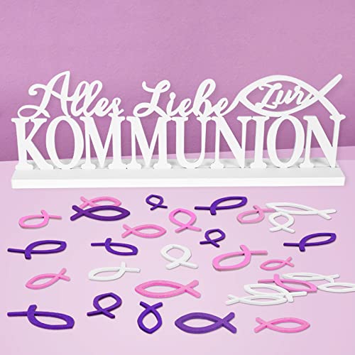 FORMIZON Kommunion Tischdeko, Schriftzug Tischdeko Kommunion, Alles Liebe zur Kommunion Tischdeko mit 72 STK Streudeko Fische Holz Dekoration, Taufedeko Junge Mädchen Taufe Konfirmation Deko (Rosa) von FORMIZON