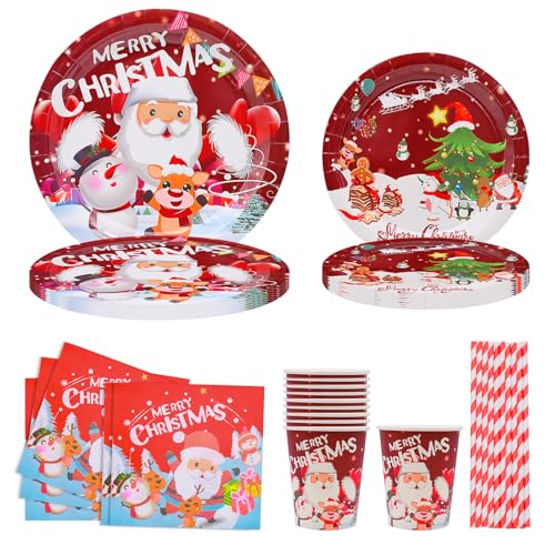 60 Stück Weihnachten Partygeschirr Set, Weihnachts Pappteller, Weihnachten Dekoration, Wiederverwendbares Besteck Set mit Papierteller, Servietten, Strohhalme, Pappbecher, Party Geschirr für 10 Gäste von FORYNXHWIN