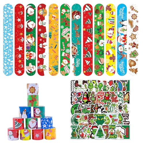 FORYNXHWIN 86 Stück Weihnachten Schnapparmbänder, Schnapparmband Kinder Snap Armband Grinch Snap Bracelets 36 Slap Bands und 50 Aufkleber für Weihnachten Party Mitgebsel Geschenke für Kinder von FORYNXHWIN