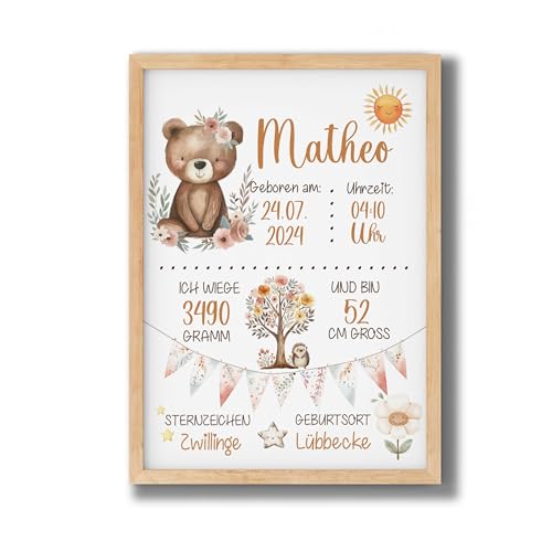 Poster Kinderzimmer GEBURTSTAFEL BOHO Friends Bär| Geburtsdaten Poster | Geburtsposter | Geburtsanzeige | Geburtsbild | personalisiertes Geschenk Geburt von FORYOU24