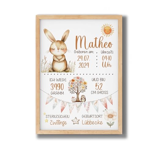 Poster Kinderzimmer GEBURTSTAFEL BOHO Friends Hase | Geburtsdaten Poster | Geburtsposter | Geburtsanzeige | Geburtsbild | personalisiertes Geschenk Geburt von FORYOU24