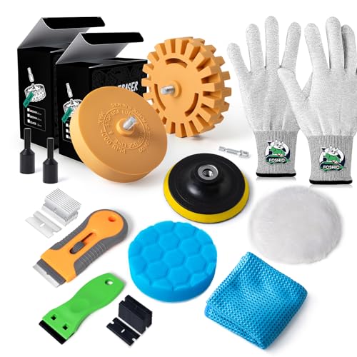 FOSHIO Aufkleber-Entferner, Rad-Werkzeug-Set, Stoff-Polierpad und Schwamm-Pads für Bohrer, Schaber-Werkzeug mit 10 Kunststoffklingen und 10 Metallklingen, Waffelreinigungstuch, Vinyl-Wickelhandschuhe FOSHIO Aufkleber-Entferner, Rad-Werkzeug-Set, Stoff-Polierpad und Schwamm-Pads für Bohrer, Schaber-Werkzeug mit 10 Kunststoffklingen und 10 Metallklingen, Waffelreinigungstuch, Vinyl-Wickelhandschuhe von FOSHIO