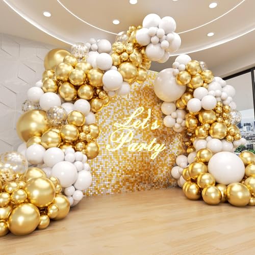 134pcs Weiß und Gold Ballonbogen Kit, Metallic Gold und Weiß Luftballons mit Gold Konfetti Ballons für Verlobungen Hochzeit Baby Shower Jahrestag Geburtstag Party Dekorationen von FOTIOMRG