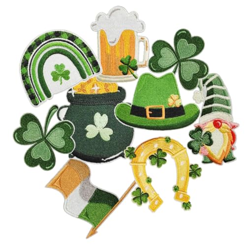 9 Stück St. Patrick's Day Collection Bügelbild Stickerei Patches mit Kleeblatt Grün Bowler Hut Zwergelfe Bier Harfe für Kleidung Hüte Taschen DIY Dekoration von FOTN