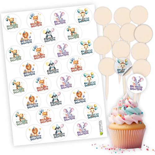 FOTOFOL Cupcake Stecker 12er Set aus Holz mit Aufklebern- Muffin Cupcake Topper- Geburtstag Feier Kuchenstecker (Motive Tiere) von FOTOFOL