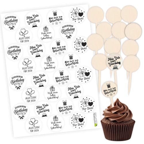 FOTOFOL Cupcake Stecker 12er Set aus Holz mit Aufklebern- Muffin Cupcake Topper- Geburtstag Feier Kuchenstecker (Transparent) von FOTOFOL