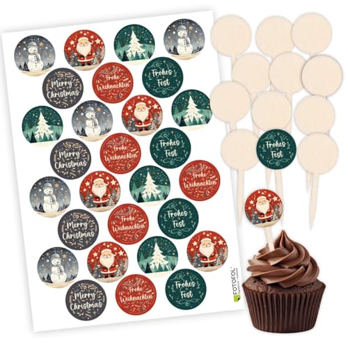 FOTOFOL Cupcake Stecker 12er Set aus Holz mit Aufklebern- Muffin Cupcake Topper- Weihnachten Kuchenstecker - Frohe Weihnachten - Frohes Fest - Merry Christmas von FOTOFOL