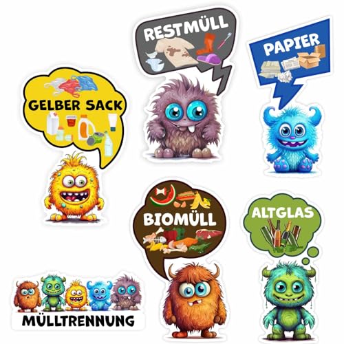 FOTOFOL - Lustige Aufkleber Monster Mülltonne Set Mülltrennung - Aufkleber Abfalltrennung für Kinder - Biomüll, Altpapier, Gelber Sack, Rest Müll, Glas - Müllaufkleber für Innen von FOTOFOL