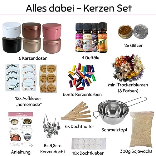 Dinala Kerzen selber machen Set - bunte Trockenblumen Kerzen herstellen - Duftkerzen - made in Germany - schöne Kerzen gießen und verzieren - Anfänger geeignet von FOXCUP