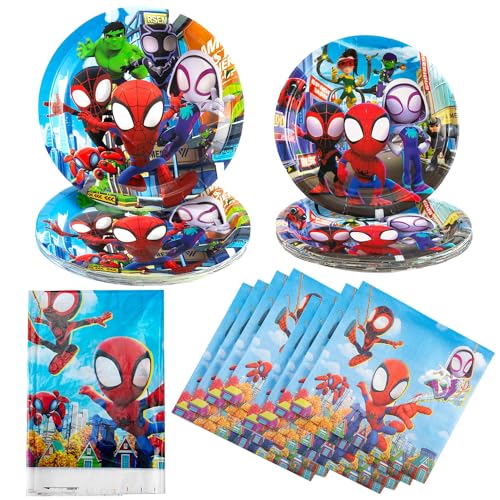 EMORHBO 51 Stück Geburtstag Partygeschirr, Spiderman Pappteller, Partygeschirr Set, Partyzubehör Teller Becher Servietten Tischdecke, für Kinder Geburtstag Party Supplies und Tischderation von FOXCUP