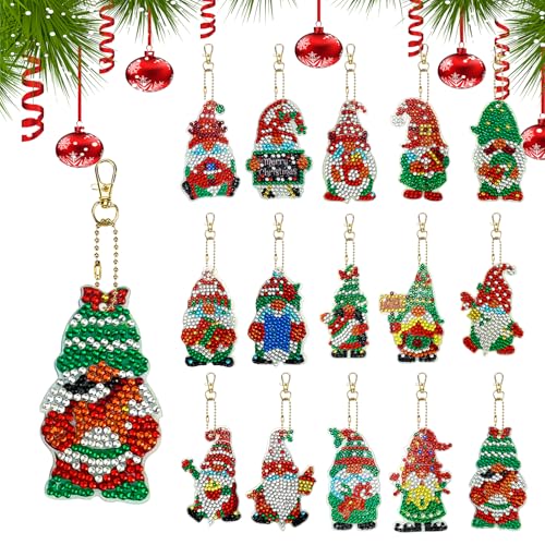 FOXMIND 12 Set 5D Diamond Painting Weihnachten Anhänger, Weihnachten Schlüsselanhänger Bastelset Kinder, Doppelseitige Wichtel Diamant Malerei DIY Kit Weihnachtsbaum Deko (Zwerg) von FOXMIND