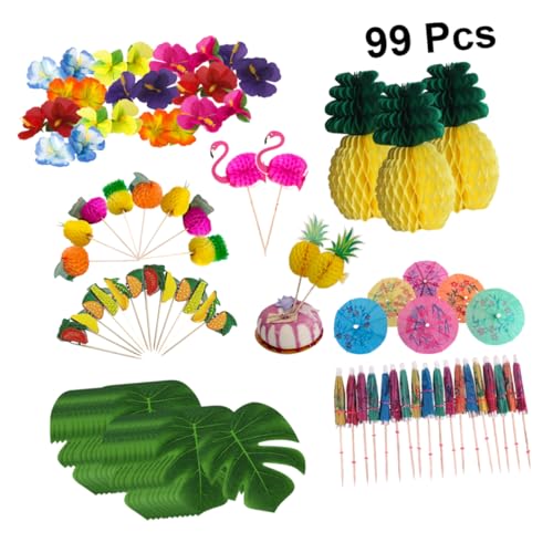 FOYTOKI 99 Stück 1 Set Hawaii Topper Monstera Luau Party Dekoration Wabenbälle Hibiskusblüten von FOYTOKI