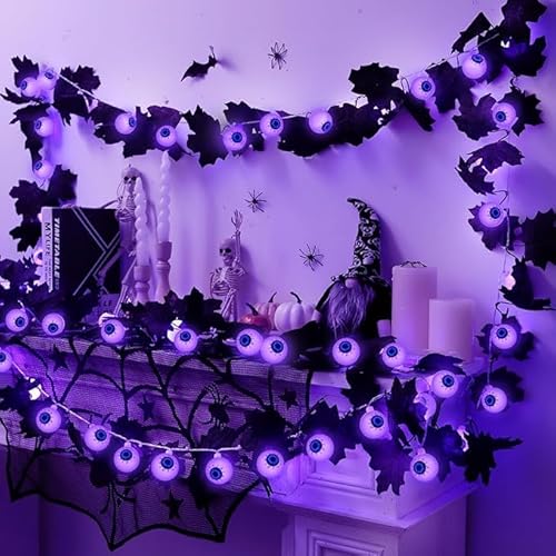 FPEAOB Halloween Lichterkette Batterie, 2m 20 LED Halloween Deko Innen Lichterkette Schwarzes Ahornblatt Augapfel Lichter Lila Halloween Beleuchtung Halloween Dekorations für Garten von FPEAOB