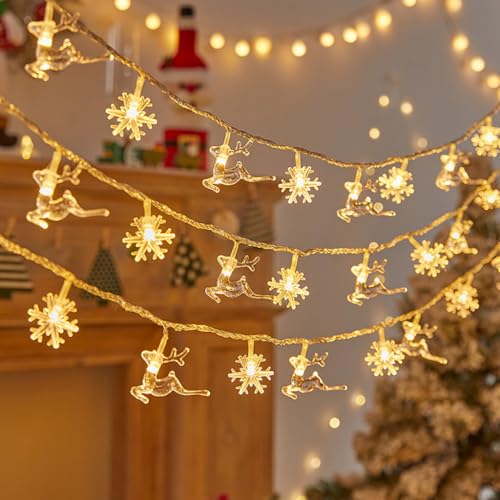 Weihnachtsdeko LED Lichterkette, Weihnachten Deko Weihnachtsbeleuchtung Batteriebetrieben 6m 40 LEDs Elch Schneeflocke Lichtervorhang Lichterketten für Weihnachtsbaum Deko, Tischdeko, Fensterdeko von FPEAOB