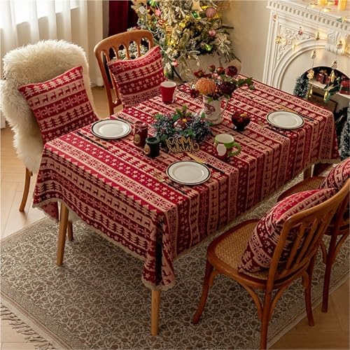 FQDZ Festive Christmas Red Elch Design Polyester Jacquard Tischdecke mit goldenen Akzenten, Couchtischdecke für Urlaubsdekoration (Rot, 1,100 x 140 (320 g) von FQDZ