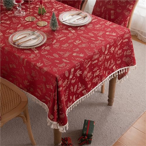 FQDZ Festliche Weihnachtstischdecke mit rotem Elch-Design, Polyester-Jacquard-Tischdecke mit goldenen Akzenten, Couchtischdecke für Urlaubsdekoration, Rot, 4, 140 x 200 (640 g) von FQDZ