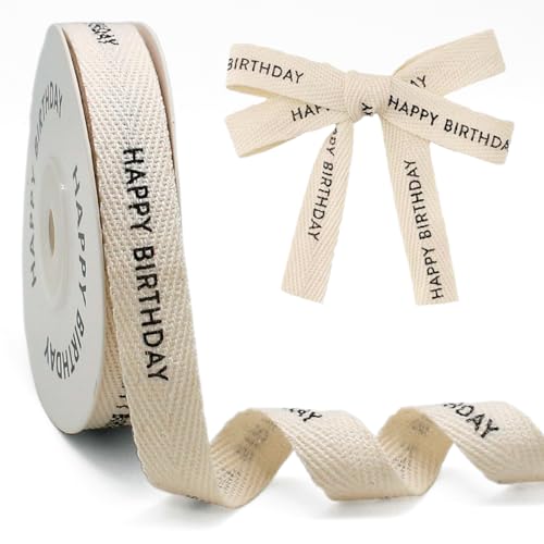 FQTANJU Baumwollband "Happy Birthday", 10 m, natürliches Köperband, Fischgrätenmuster, Baumwolle, Basteln, Geschenkverpackung, für Bastelbedarf, Urlaub, Party, Geschenke, Geschenkbänder von FQTANJU