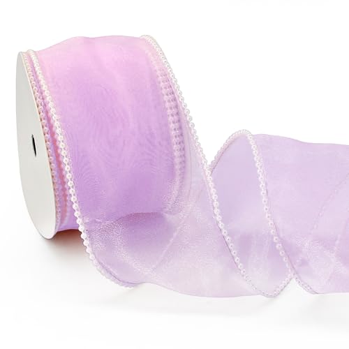 FQTANJU Durchsichtiges Organza-Band mit Draht und weißem Perlenrand für Geschenkverpackungen, Weihnachtsband, Blumenstrauß, Schleifen, Dekorationen, Nähen, Basteln, Bastelbedarf, 9,1 m, Hellviolett von FQTANJU